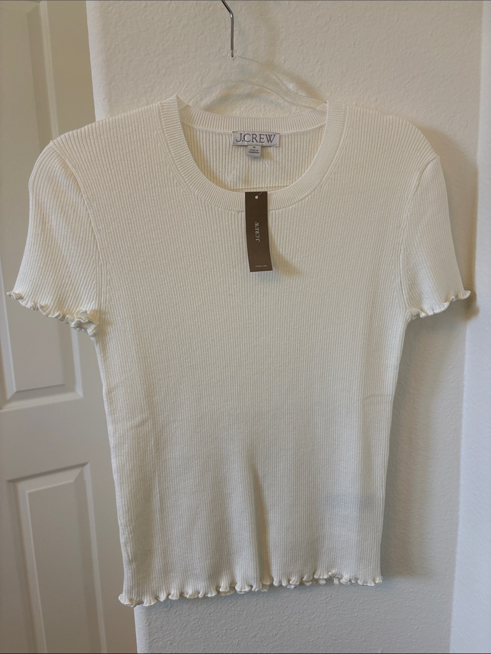 J. Crew Cream Ribbed Short Sleeve Lettuce-Edge Knit Top